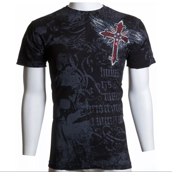 Archaic Affliction Men's T-Shirt RED FLAG Cross Wings Biker Black S-5XL - Picture 4 of 7